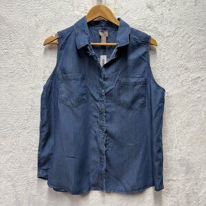 Chico's Chambray Button Up Tank Womens 3 Blue Frayed Front Sleeveless Country